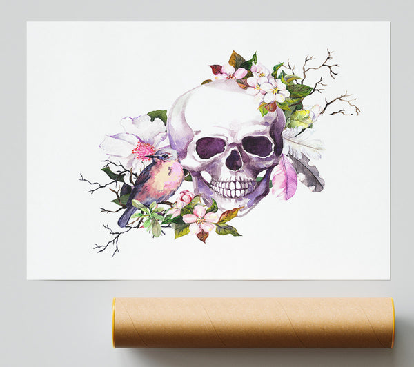 Skull Flowers And Bird Print
