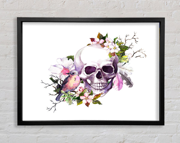 Skull Flowers And Bird Framed Print