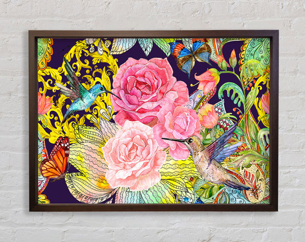 Hummingbird Flowers Dark Framed Print