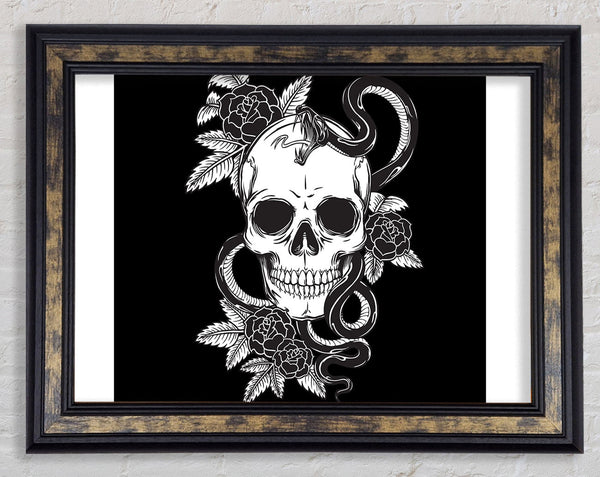 Skull Snake And Flowers Framed Print