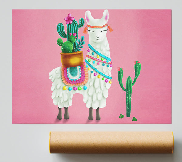 Llama Carrying Cactus Poster