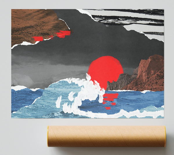 Cut Out Mountain Ocean Red Sun Print