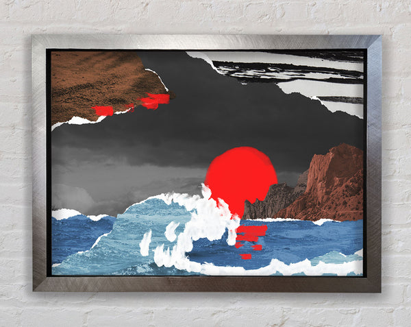 Cut Out Mountain Ocean Red Sun Framed Print
