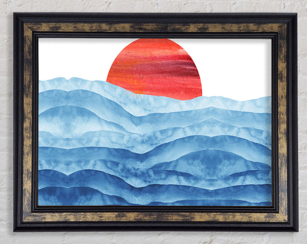 Red Sun Over The Ripples Framed Print