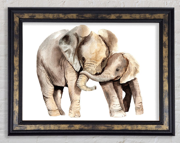 Elephants Holding Trunks Framed Print