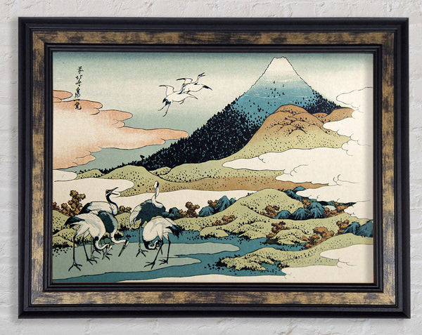 Cranes Below The Mountains Framed Print