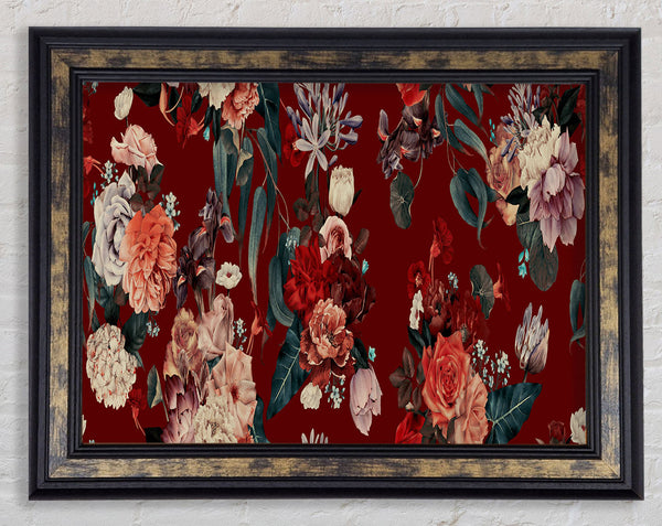 Flowers On Red Framed Print