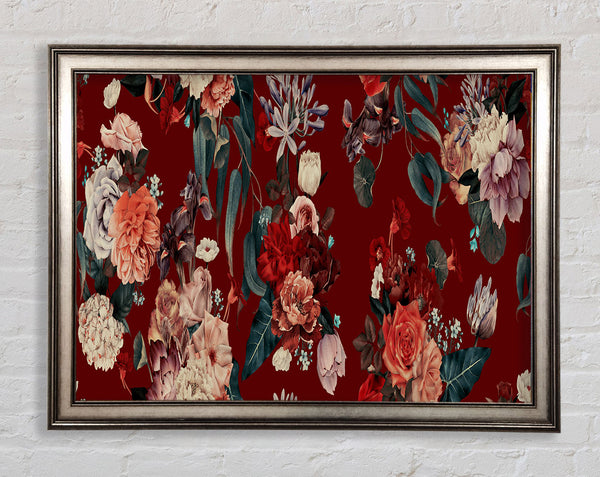 Flowers On Red Framed Print