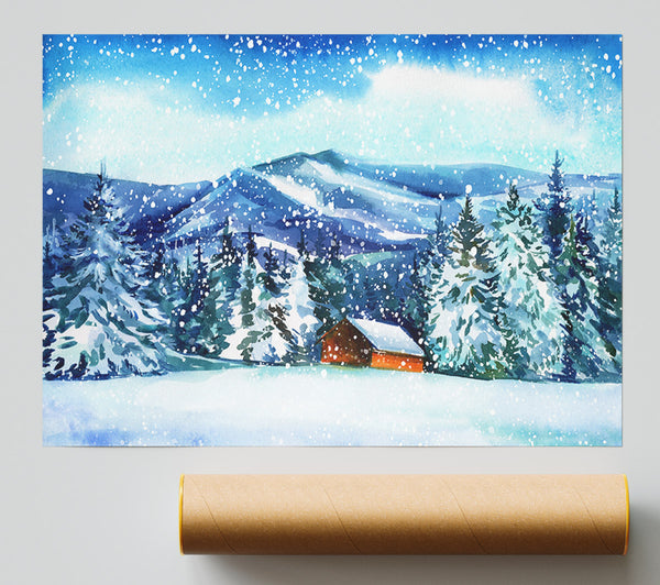 Snowy Cabin In The Mountains Print