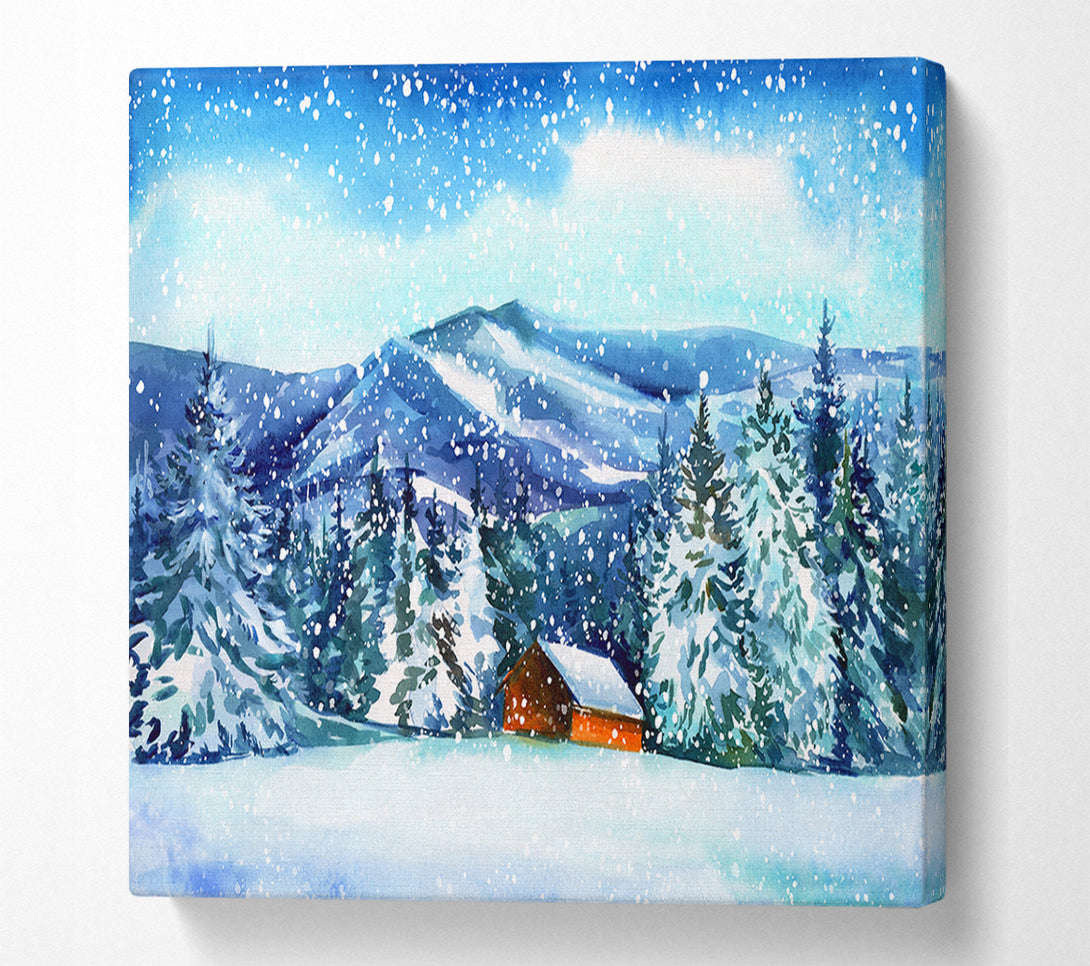  A Canvas Print of Snowy Cabin In The Mountains Canvas Wall Art