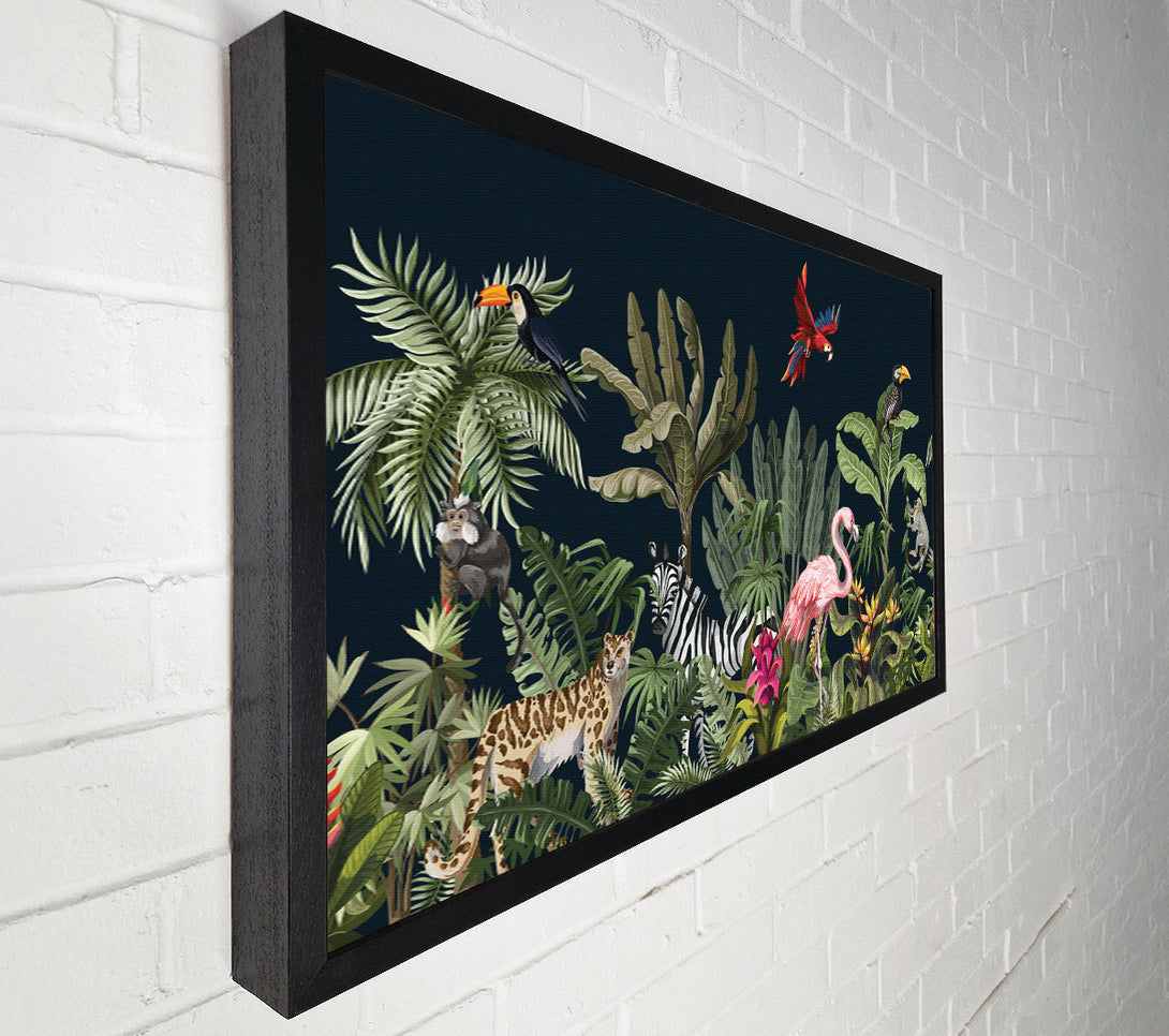  A Canvas Print of Jungle Paradise Animals Black Canvas Wall Art