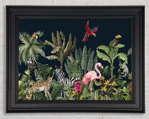 Jungle Paradise Animals Black Framed Print
