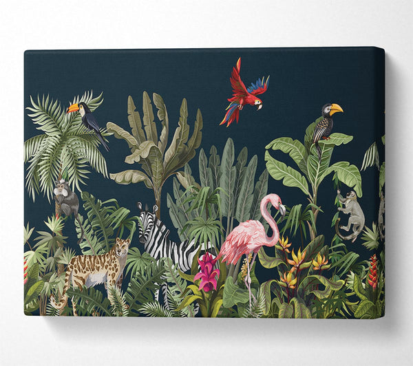  A Canvas Print of Jungle Paradise Animals Black Canvas Wall Art