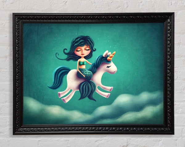 Mermaid Riding A Unicorn Framed Print