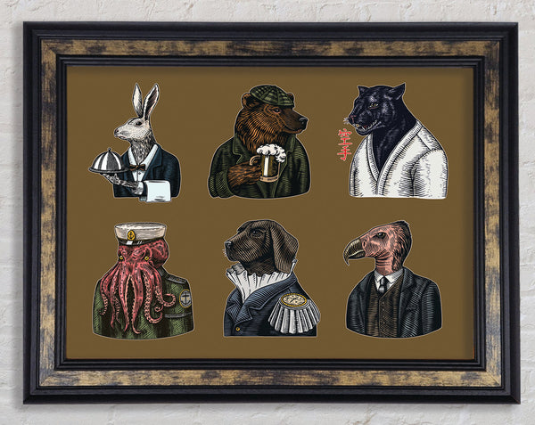 Six Vintage Animal People Framed Print