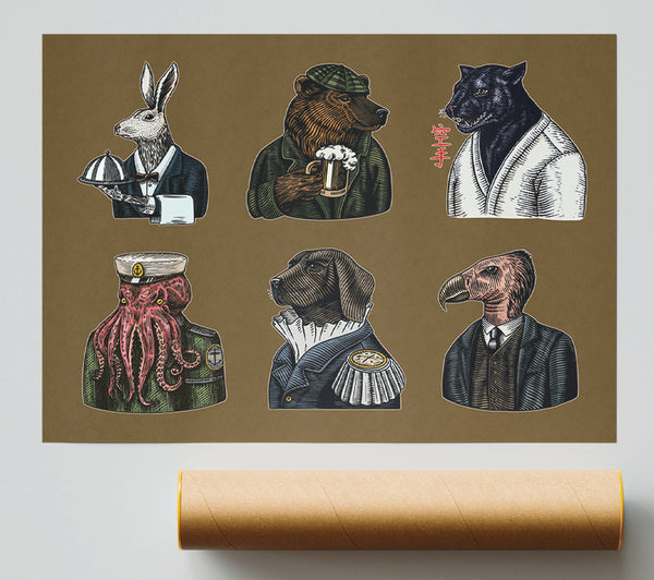 Six Vintage Animal People Print