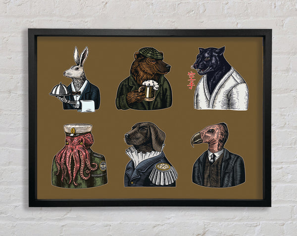 Six Vintage Animal People Framed Print