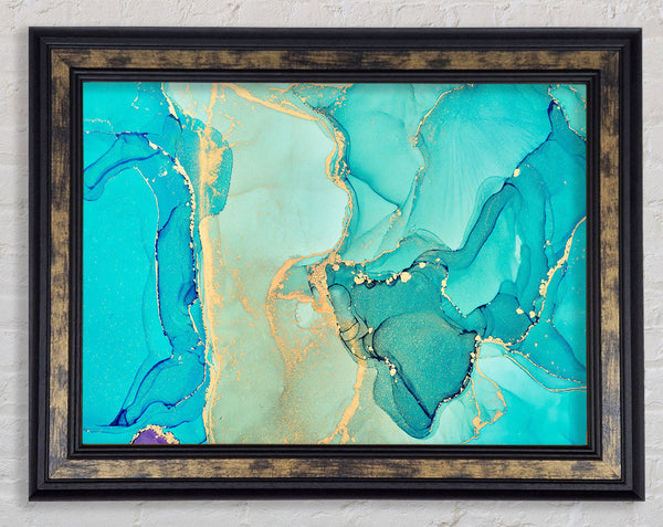 Turquoise Blue Gold Glitter Beauty Framed Print