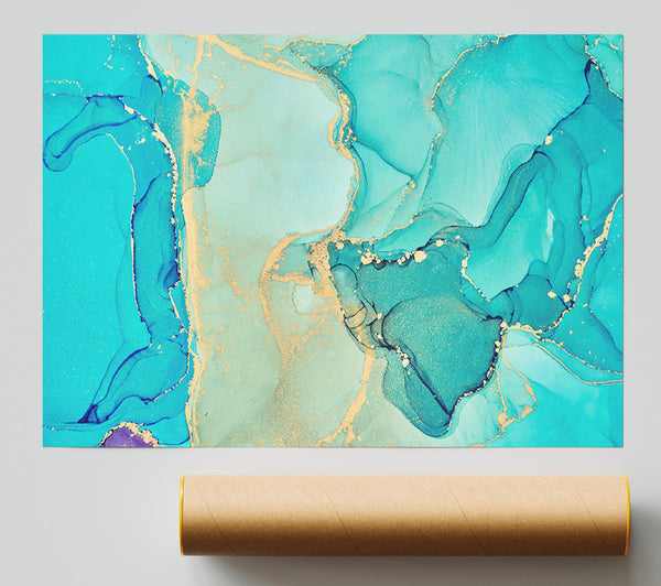 Turquoise Blue Gold Glitter Beauty Print