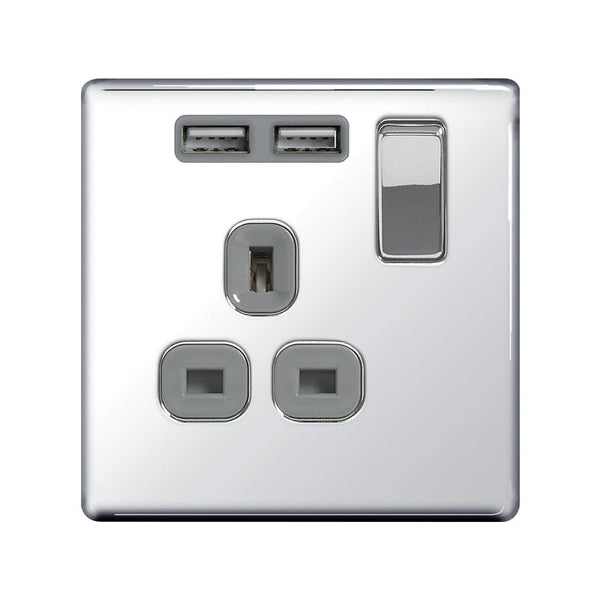 BG FPC21U2G Screwless Flat Plate Polished Chrome Flat Plate 13A 1G Switched Socket with USB