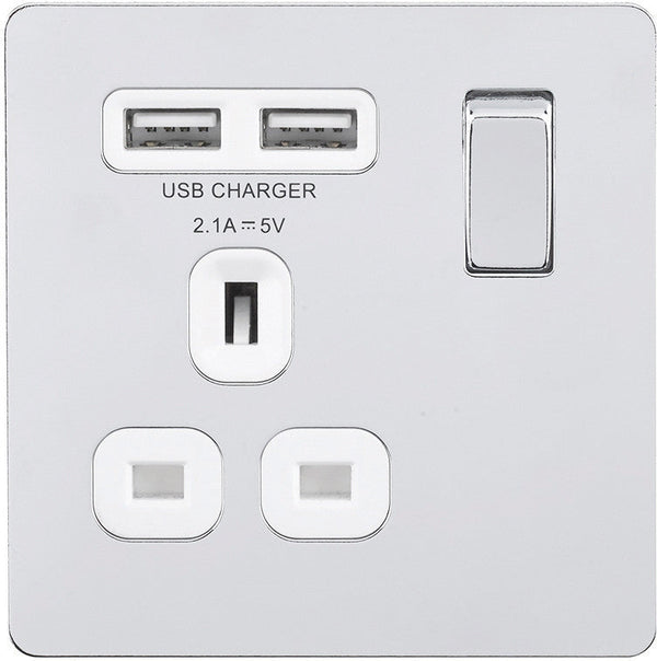 BG FPC21UW Screwless Flat Plate Polished Chrome Flat Plate Switched 1G 13A Socket - USB