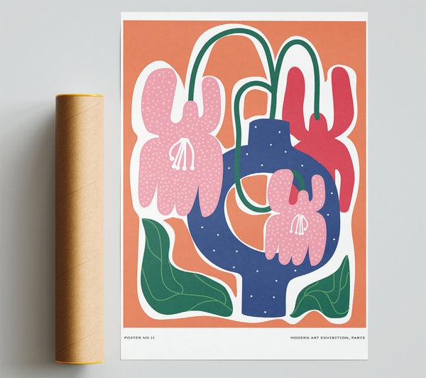 Blue Vase Of Colourful Flowers Giclee Print