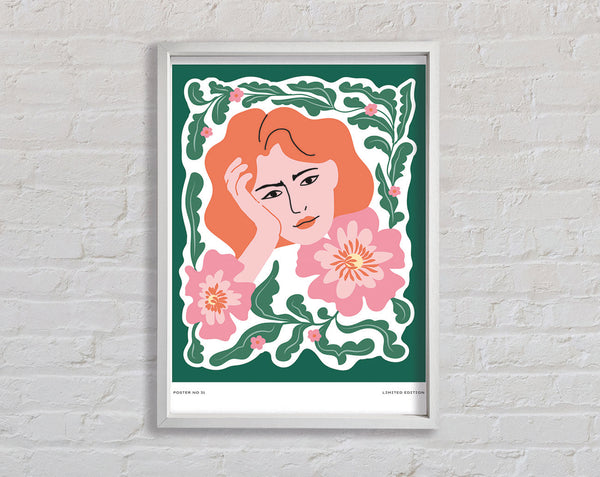 Pondering Woman Floral Framed Print