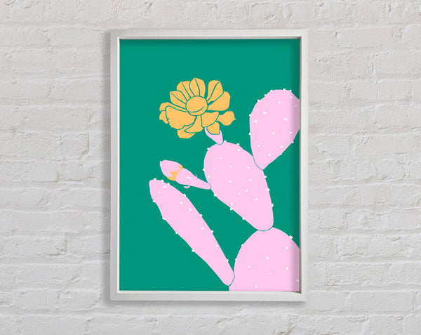 Pink Cactus With A Yellow Flower Framed Print