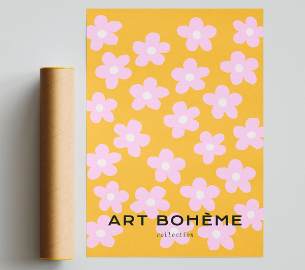 Pink Flowers On Yellow Print