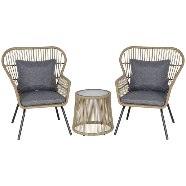 3-Piece PE Rattan Outdoor Conservatory Dining Set 2 Chairs Coffee Table Bistro Garden w/ Cushions Brown