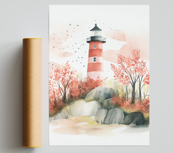 Autumn Lighthouse Watercolour Poster