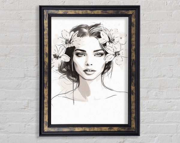 Beauty Woman Flowers Sketch Line Art Framed Print