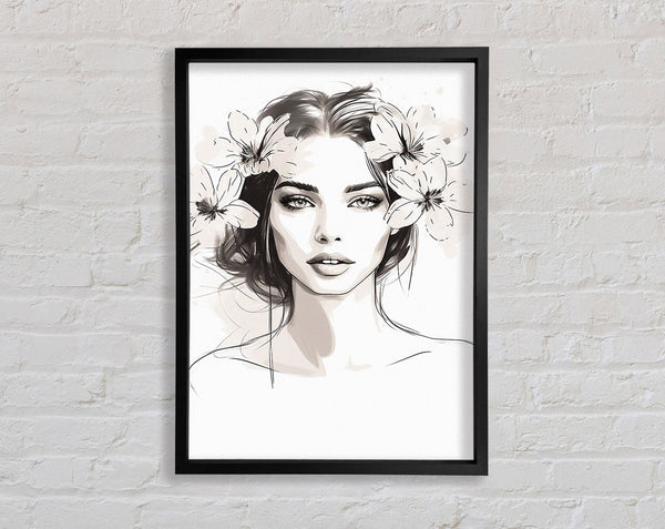 Beauty Woman Flowers Sketch Line Art Framed Print