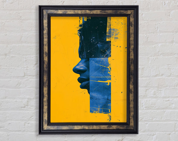 Blue Face On Yellow Framed Print