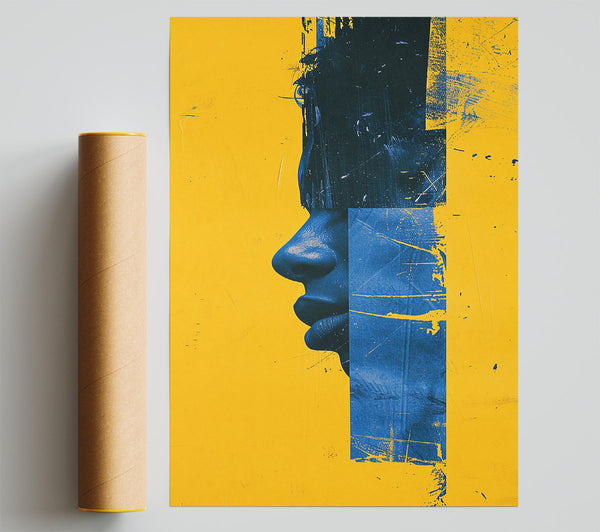 Blue Face On Yellow Poster