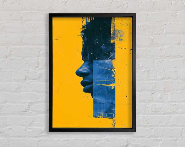 Blue Face On Yellow Framed Print