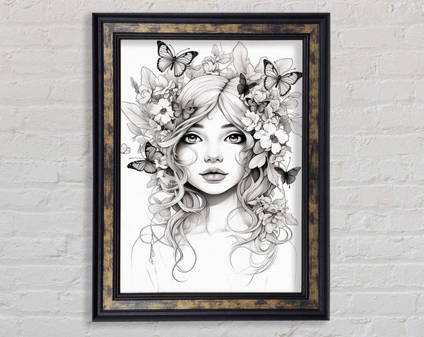Butterfly And Flower Hair Fairy Girl Framed Print