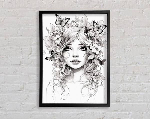 Butterfly And Flower Hair Fairy Girl Framed Print