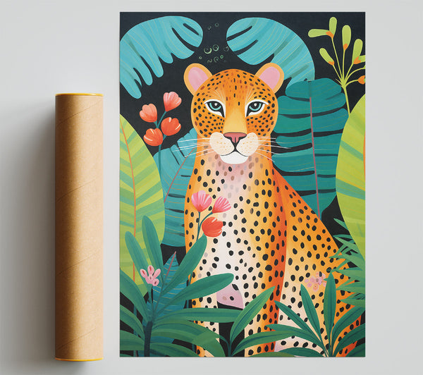 Cheetah Exotic Jungle Leaves Poster