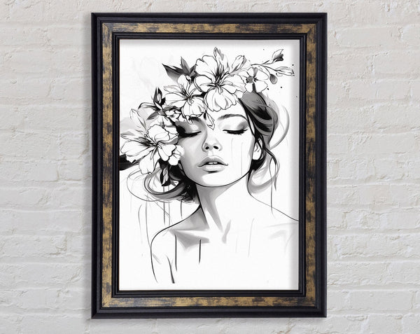 Closed Eyes Flower Hair Woman Framed Print