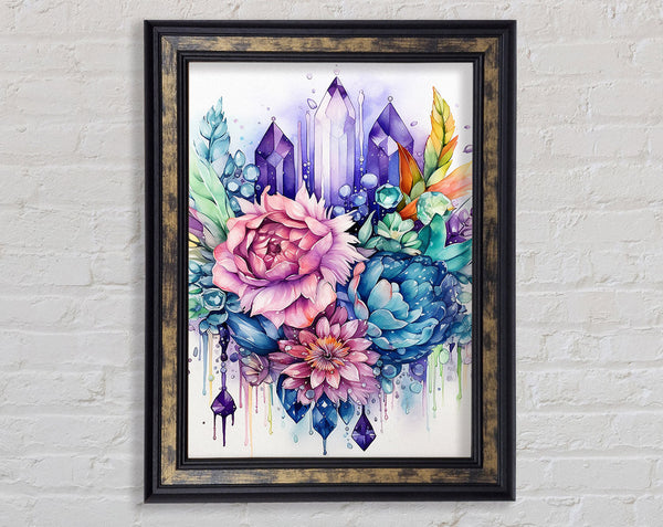 Coral Lee Blue Green Purple And Pink Crystals In Watercolour Framed Print