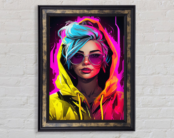 Cyberpunk Girl Yellow Hoodie Framed Print