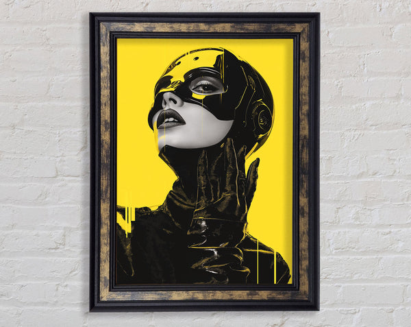 Cyberpunk Warrior Woman Yellow Framed Print