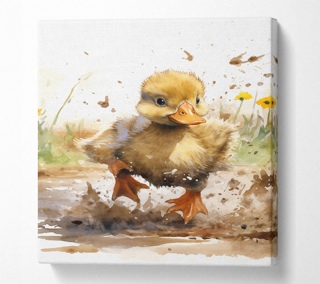  A Canvas Print of Duckling Mud Splash Watercolour Canvas Print