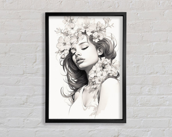 Elegant Woman Flowers Sketch Framed Print