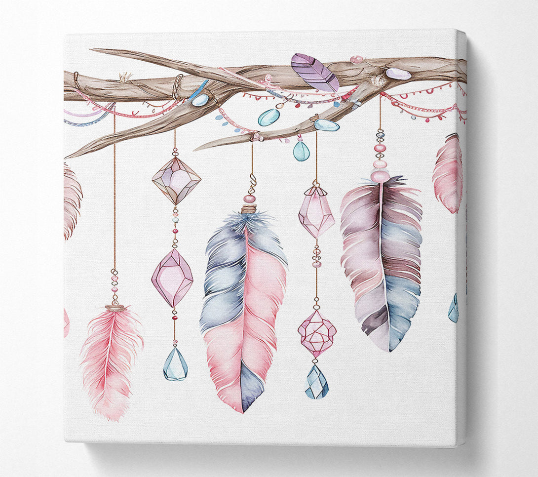  A Canvas Print of Feathers And Jewels Hanging From A Branch Canvas Wall Art