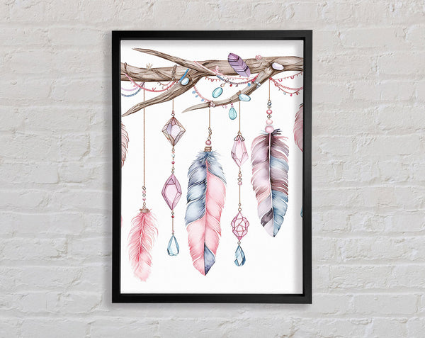 Feathers And Jewels Hanging From A Branch Framed Print