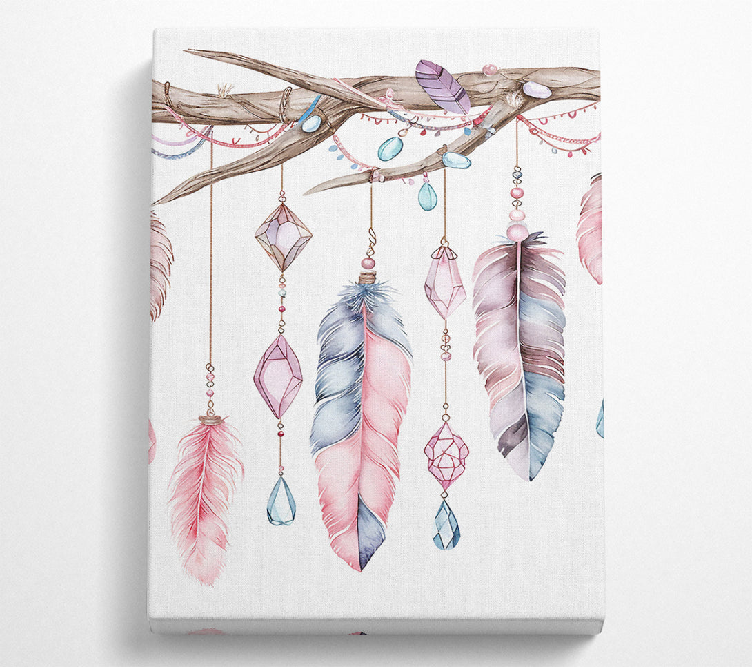 A Canvas Print of Feathers And Jewels Hanging From A Branch Canvas Wall Art