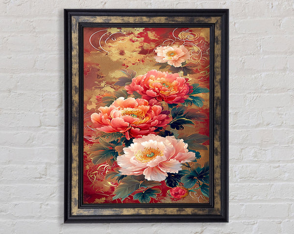 Flowers Red And Gold Framed Print