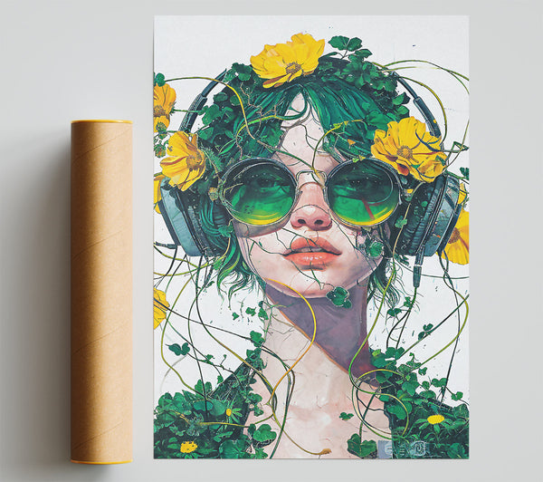 Foilage Woman Headphones Giclee Print